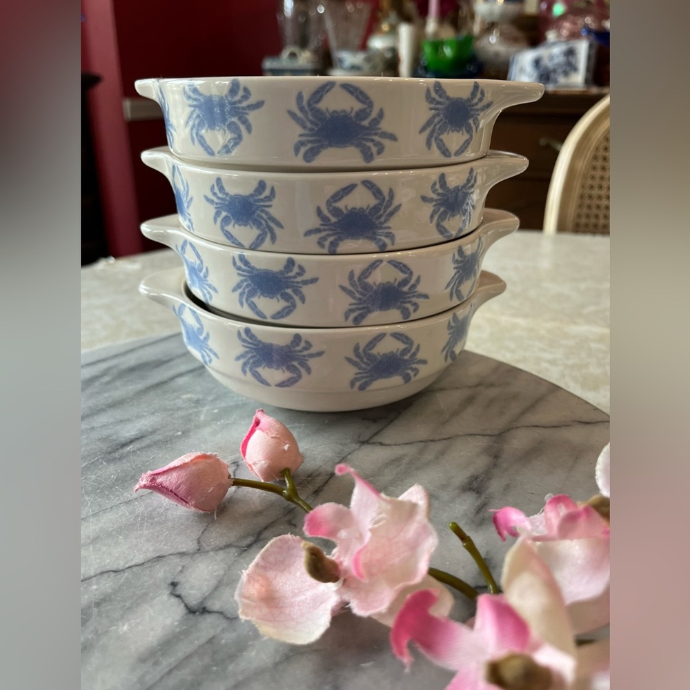 4 Gemware USA Blue Crab Cream Soup or Chowder Bowls w Handles, Ironstone USA